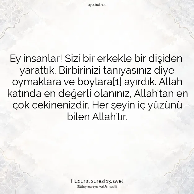 Ayetbul | Kuran Mealleri | Quran | Hucurat suresi 13. ayet