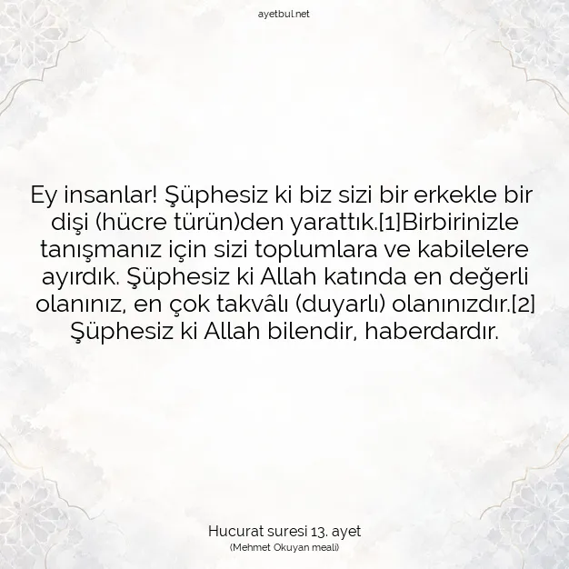 Ayetbul | Kuran Mealleri | Quran | Hucurat suresi 13. ayet