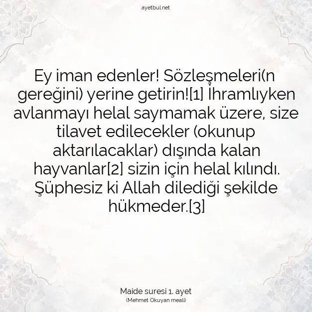 Ayetbul | Kuran Mealleri | Quran | Maide suresi 1. ayet