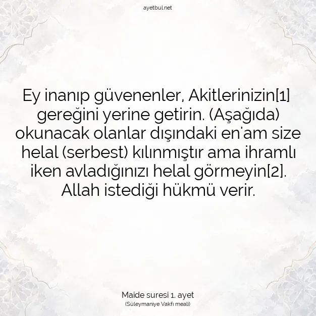 Ayetbul | Kuran Mealleri | Quran | Maide suresi 1. ayet