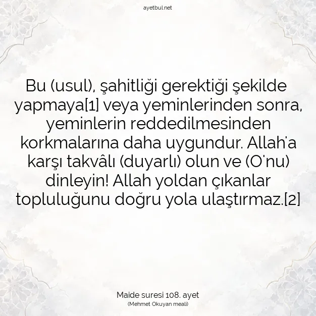 Ayetbul | Kuran Mealleri | Quran | Maide suresi 108. ayet