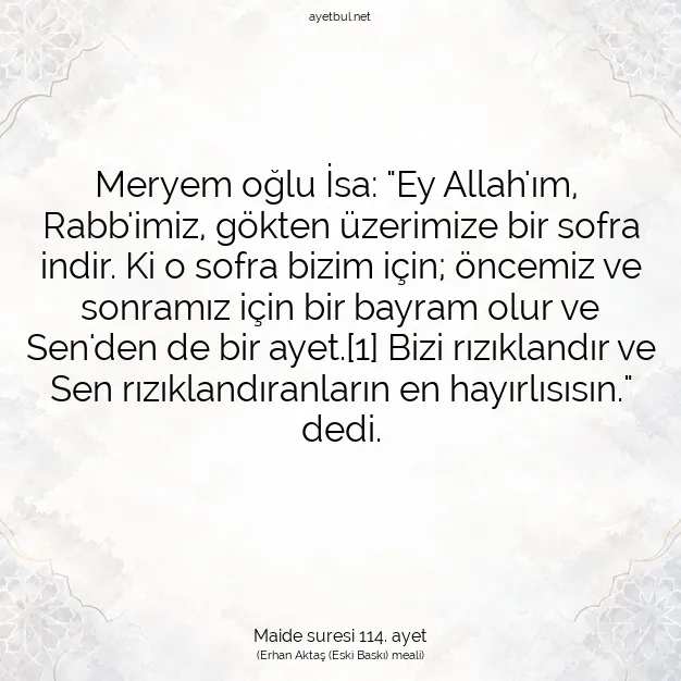 Ayetbul | Kuran Mealleri | Quran | Maide suresi 114. ayet