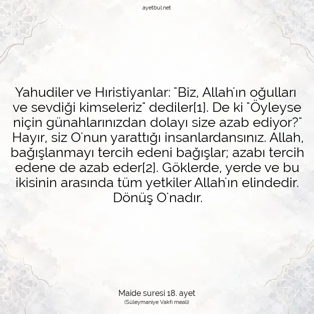 Ayetbul | Kuran Mealleri | Quran | Maide suresi 18. ayet