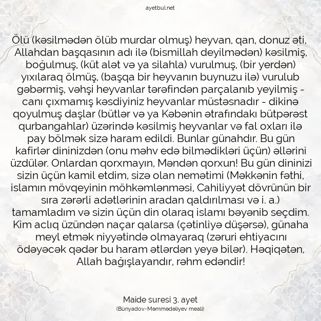 Ayetbul | Kuran Mealleri | Quran | Maide suresi 3. ayet