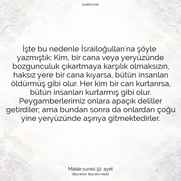 Ayetbul | Kuran Mealleri | Quran | Maide suresi 32. ayet