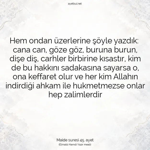 Ayetbul | Kuran Mealleri | Quran | Maide suresi 45. ayet