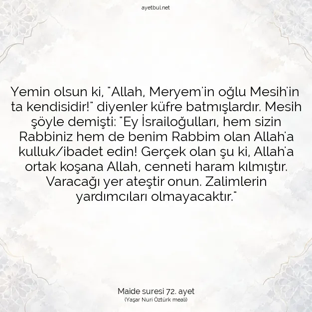 Ayetbul | Kuran Mealleri | Quran | Maide suresi 72. ayet