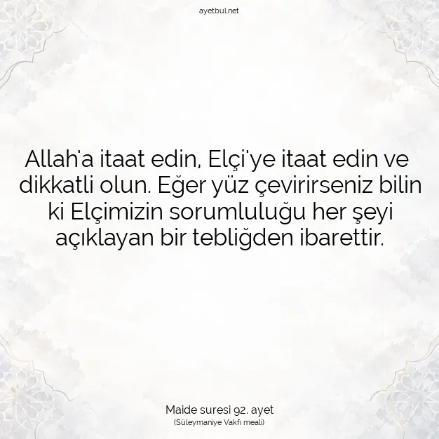 Ayetbul | Kuran Mealleri | Quran | Maide suresi 92. ayet