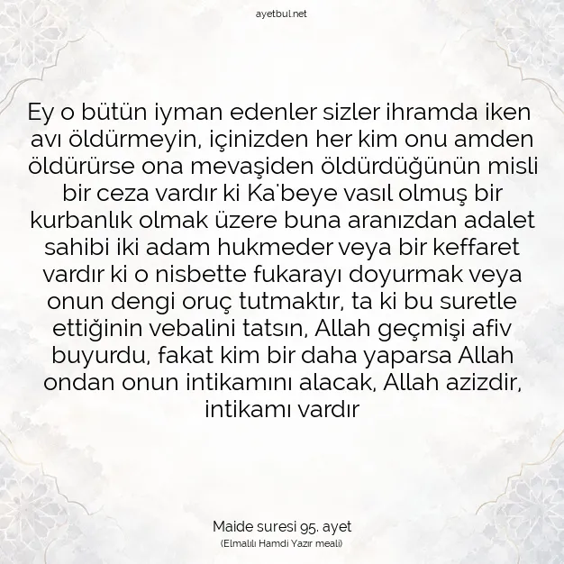 Ayetbul | Kuran Mealleri | Quran | Maide suresi 95. ayet