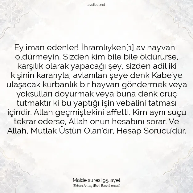 Ayetbul | Kuran Mealleri | Quran | Maide suresi 95. ayet