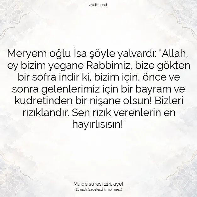 Ayetbul | Kuran Mealleri | Quran | Maide suresi 114. ayet