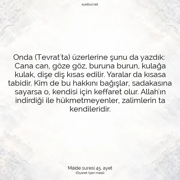 Ayetbul | Kuran Mealleri | Quran | Maide suresi 45. ayet