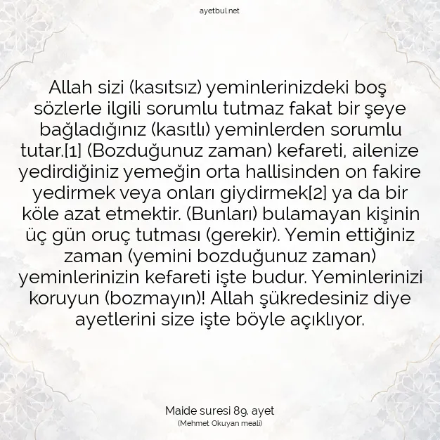Ayetbul | Kuran Mealleri | Quran | Maide suresi 89. ayet