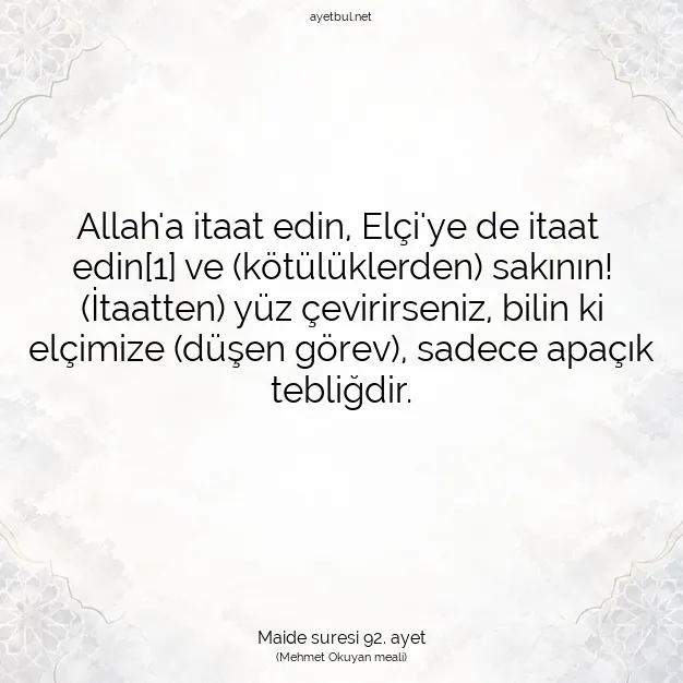 Ayetbul | Kuran Mealleri | Quran | Maide suresi 92. ayet