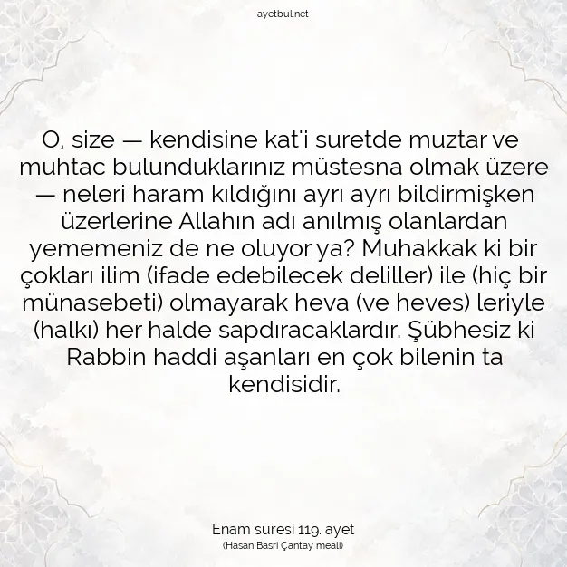 Ayetbul | Kuran Mealleri | Quran | Enam suresi 119. ayet