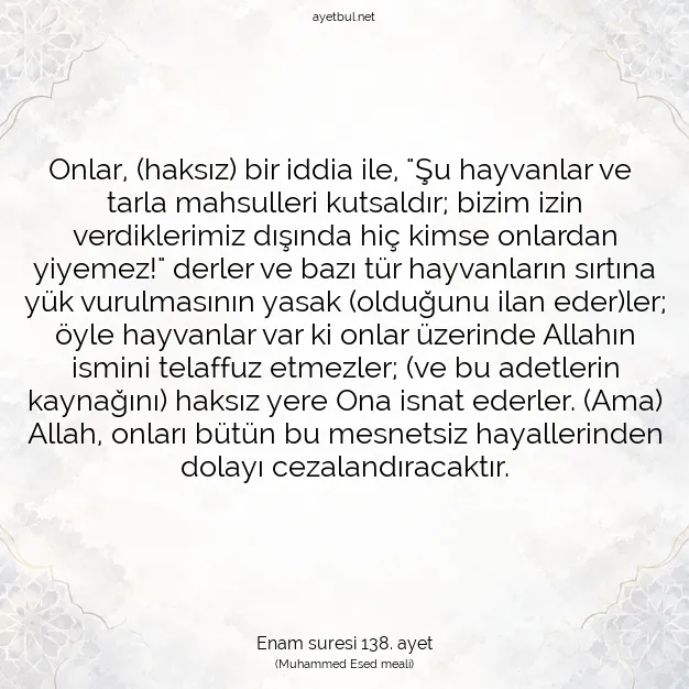 Ayetbul | Kuran Mealleri | Quran | Enam suresi 138. ayet