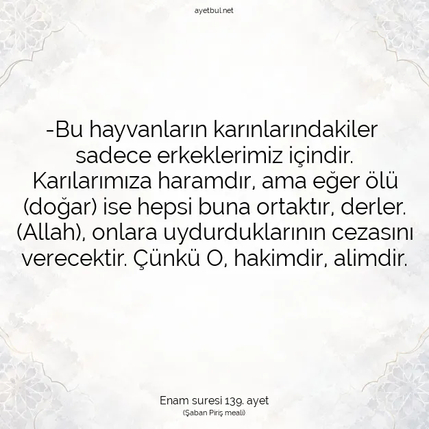 Ayetbul | Kuran Mealleri | Quran | Enam suresi 139. ayet