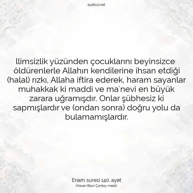 Ayetbul | Kuran Mealleri | Quran | Enam suresi 140. ayet