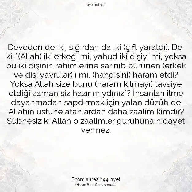 Ayetbul | Kuran Mealleri | Quran | Enam suresi 144. ayet