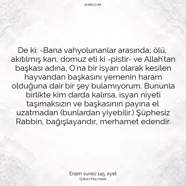 Ayetbul | Kuran Mealleri | Quran | Enam suresi 145. ayet