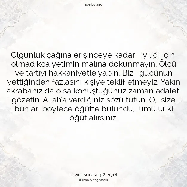 Ayetbul | Kuran Mealleri | Quran | Enam suresi 152. ayet