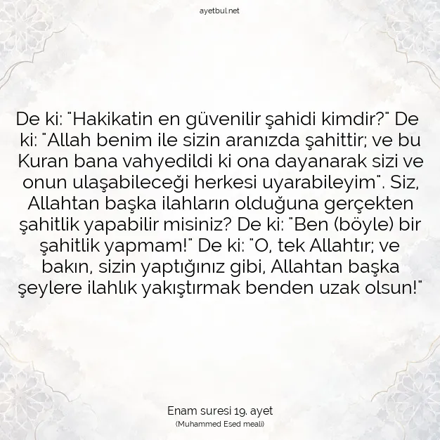 Ayetbul | Kuran Mealleri | Quran | Enam suresi 19. ayet