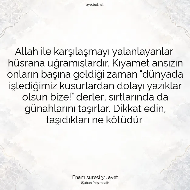 Ayetbul | Kuran Mealleri | Quran | Enam suresi 31. ayet