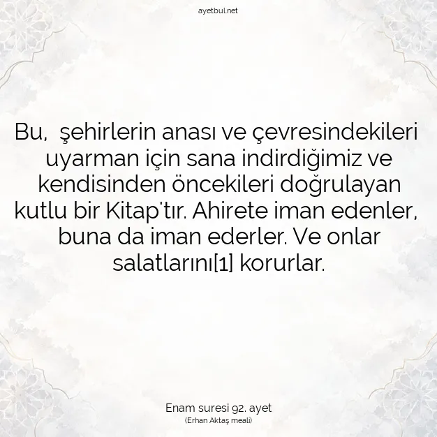 Ayetbul | Kuran Mealleri | Quran | Enam suresi 92. ayet