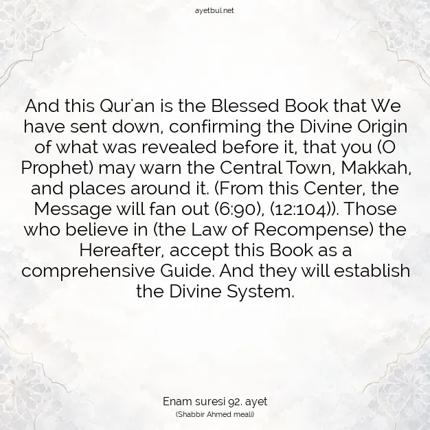 Ayetbul | Kuran Mealleri | Quran | Enam suresi 92. ayet