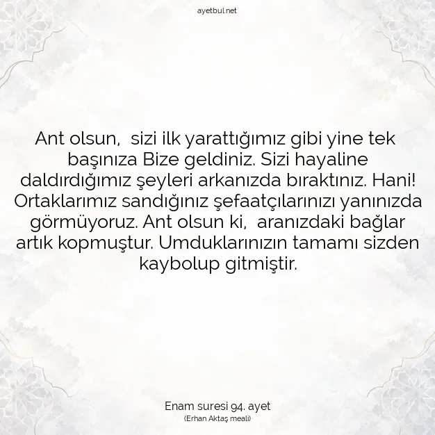 Ayetbul | Kuran Mealleri | Quran | Enam suresi 94. ayet
