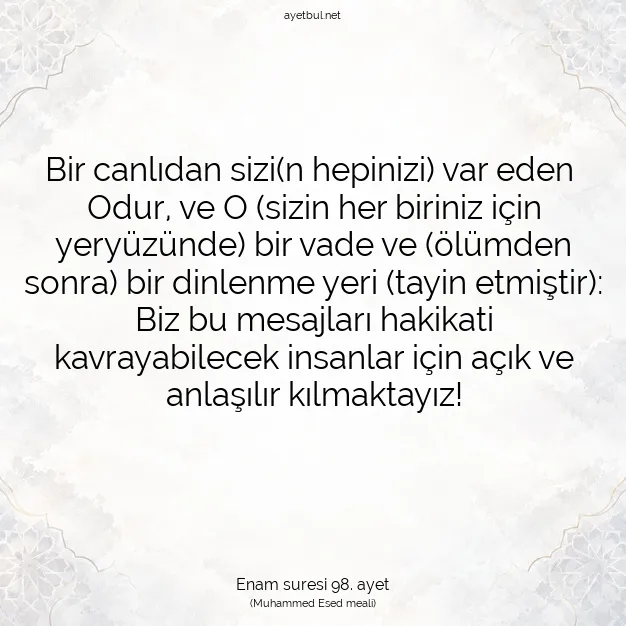 Ayetbul | Kuran Mealleri | Quran | Enam suresi 98. ayet