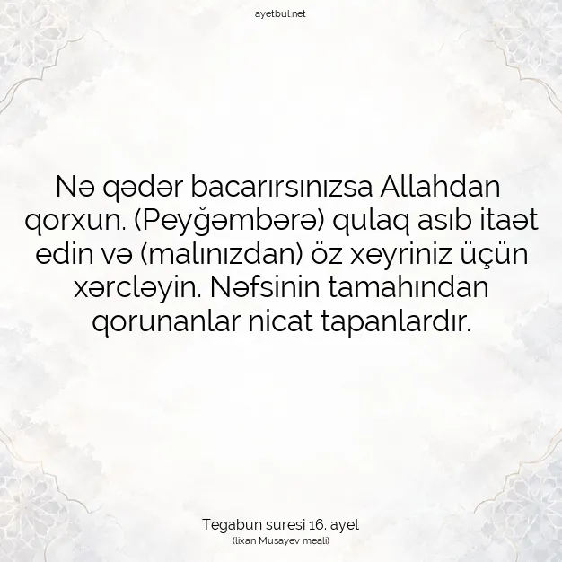 Ayetbul | Kuran Mealleri | Quran | Tegabun suresi 16. ayet
