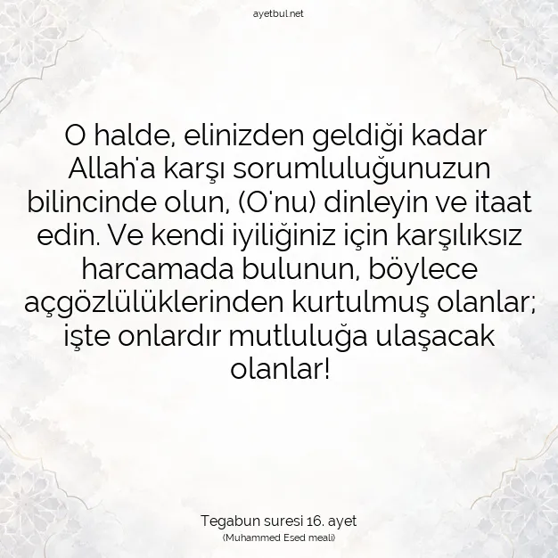 Ayetbul | Kuran Mealleri | Quran | Tegabun suresi 16. ayet