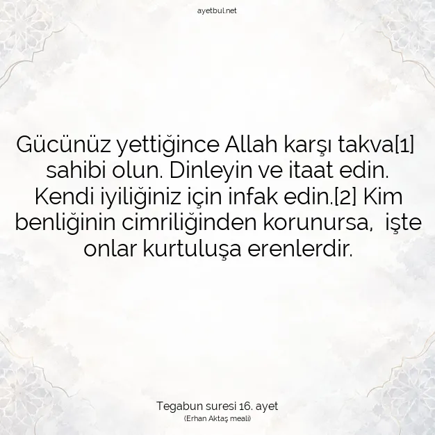 Ayetbul | Kuran Mealleri | Quran | Tegabun suresi 16. ayet