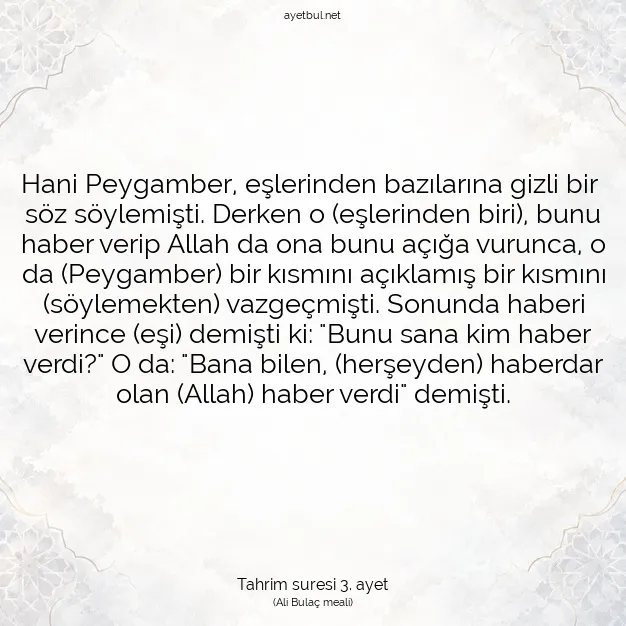 Ayetbul | Kuran Mealleri | Quran | Tahrim suresi 3. ayet