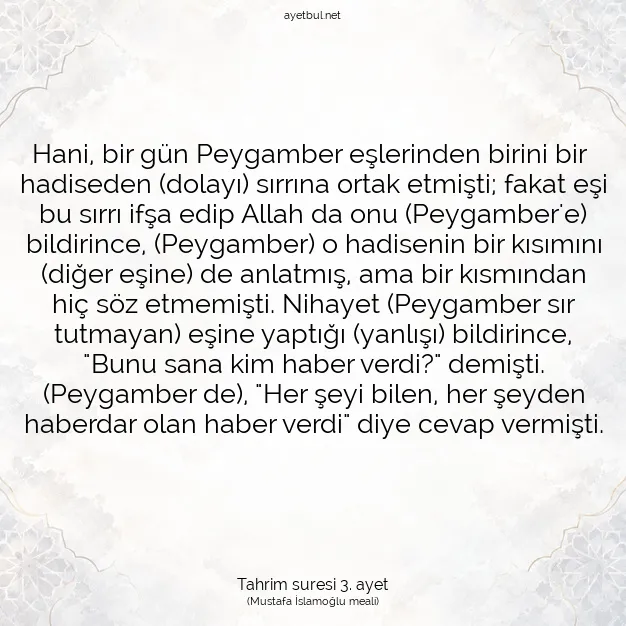 Ayetbul | Kuran Mealleri | Quran | Tahrim suresi 3. ayet