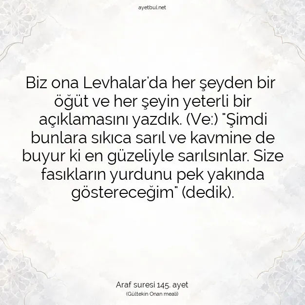 Ayetbul | Kuran Mealleri | Quran | Araf suresi 145. ayet