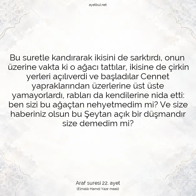 Ayetbul | Kuran Mealleri | Quran | Araf suresi 22. ayet