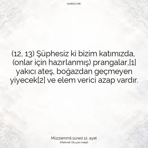 Ayetbul | Kuran Mealleri | Quran | Müzzemmil suresi 12. ayet