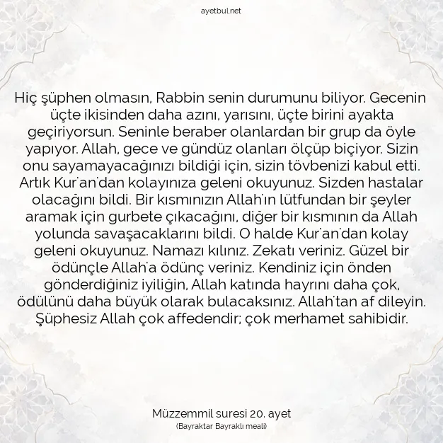 Ayetbul | Kuran Mealleri | Quran | Müzzemmil suresi 20. ayet