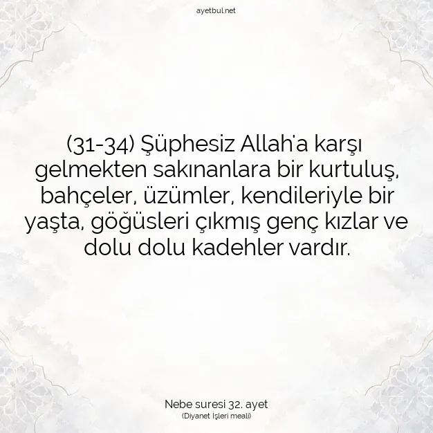 Ayetbul | Kuran Mealleri | Quran | Nebe suresi 32. ayet