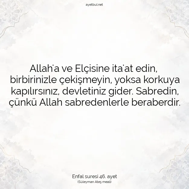 Ayetbul | Kuran Mealleri | Quran | Enfal suresi 46. ayet