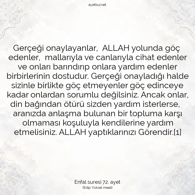 Ayetbul | Kuran Mealleri | Quran | Enfal suresi 72. ayet