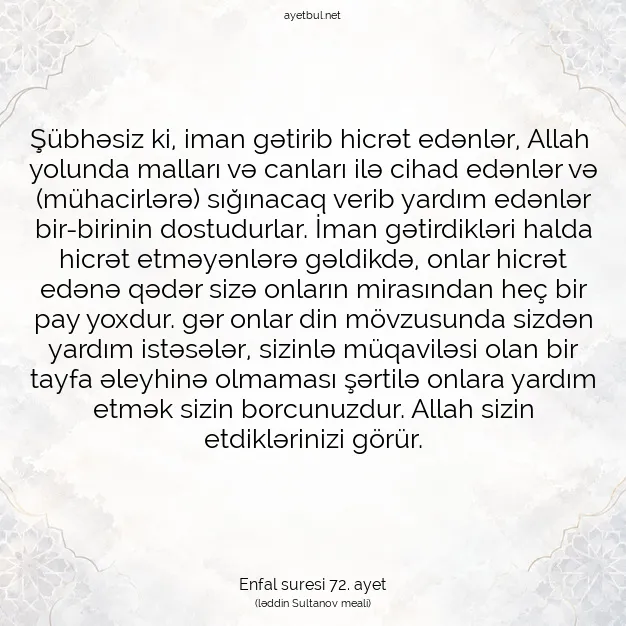 Ayetbul | Kuran Mealleri | Quran | Enfal suresi 72. ayet
