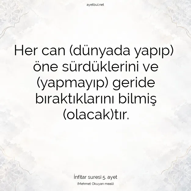 Ayetbul | Kuran Mealleri | Quran | İnfitar suresi 5. ayet