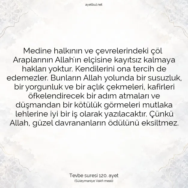 Ayetbul | Kuran Mealleri | Quran | Tevbe suresi 120. ayet