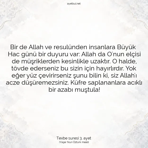 Ayetbul | Kuran Mealleri | Quran | Tevbe suresi 3. ayet