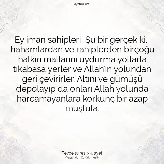 Ayetbul | Kuran Mealleri | Quran | Tevbe suresi 34. ayet