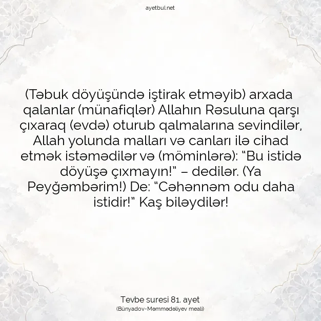Ayetbul | Kuran Mealleri | Quran | Tevbe suresi 81. ayet